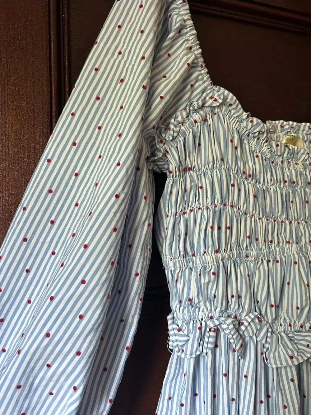 Maeve Anthropologie Smocked Striped Midi Dress Embroidered Polka Dot Size Medium - Picture 10 of 12